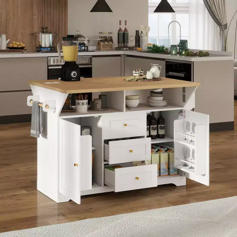 GDFStudio Lumi Modern Multifunctional Extendable Kitchen Island Cart with 5 Wheels, 2 Doors and 3 Drawers