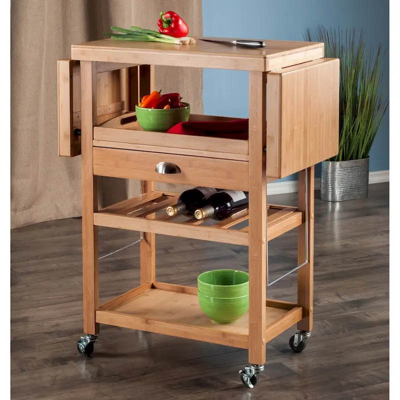 Barton Utility Kitchen Cart, Drop Leaf, Bamboo - 45.28 x 15.16 x 35.43 inches