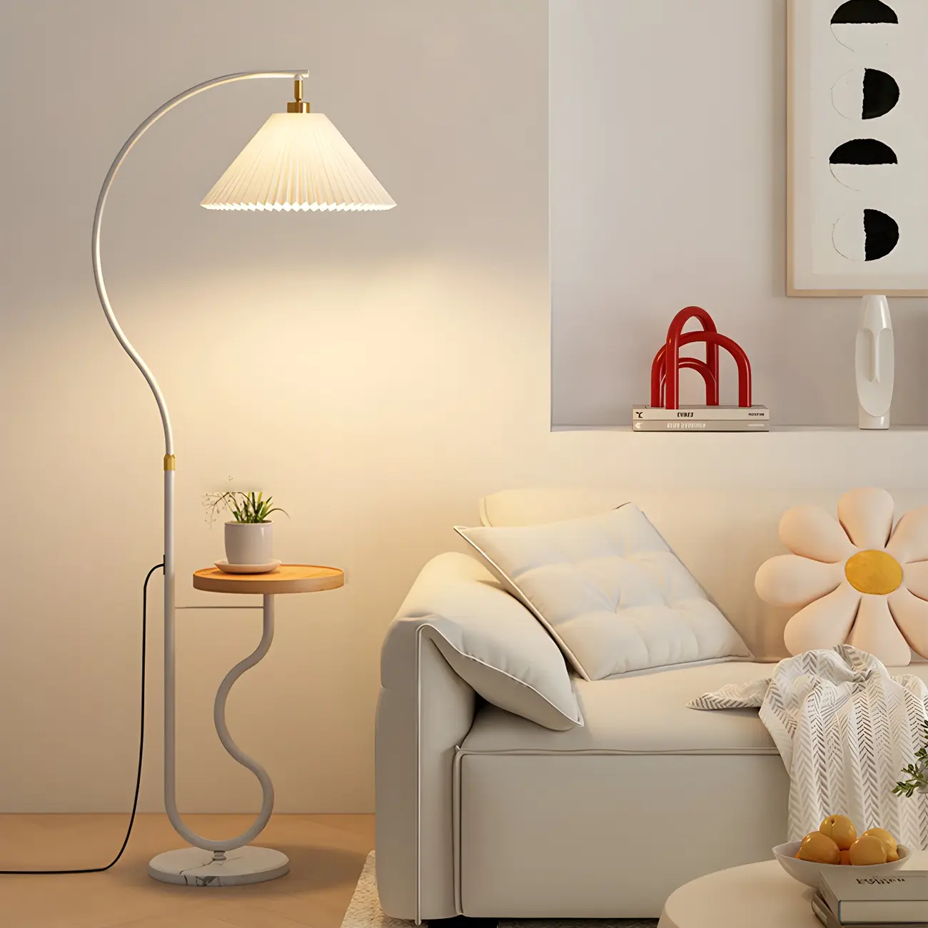Modern White Arc Floor Lamp with Storage Shelf for Living Room