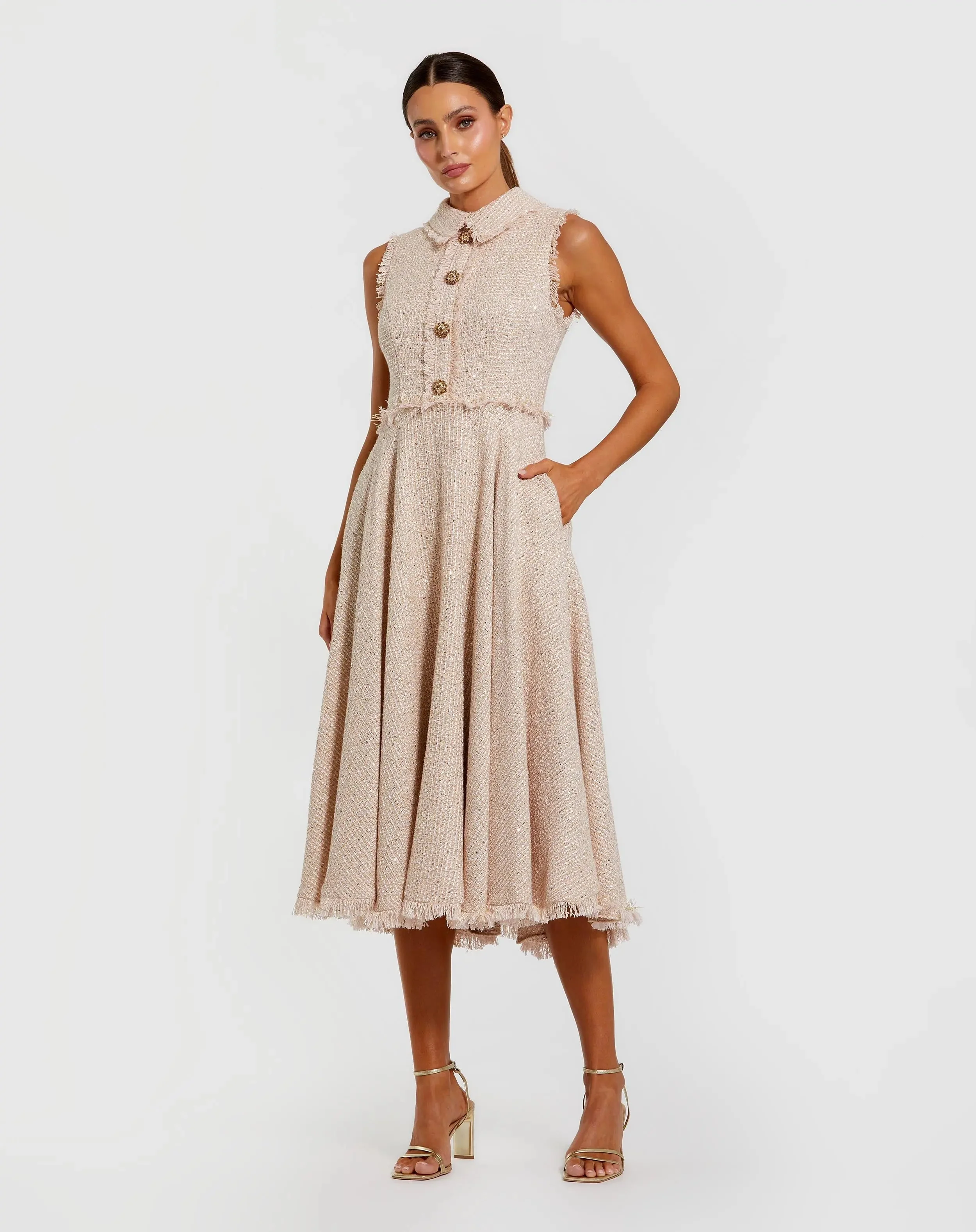 Pink Boucle Sleeveless Collared Button Up Midi Dress