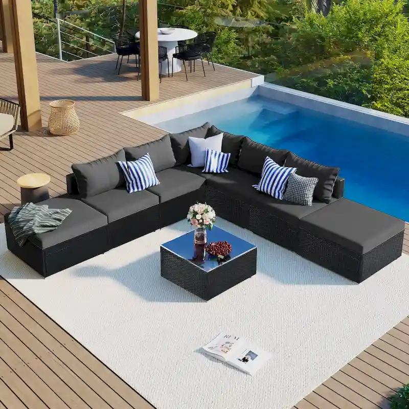 Outdoor Wicker 8-Pieces Sofa Set with Cushions and Coffee Table
