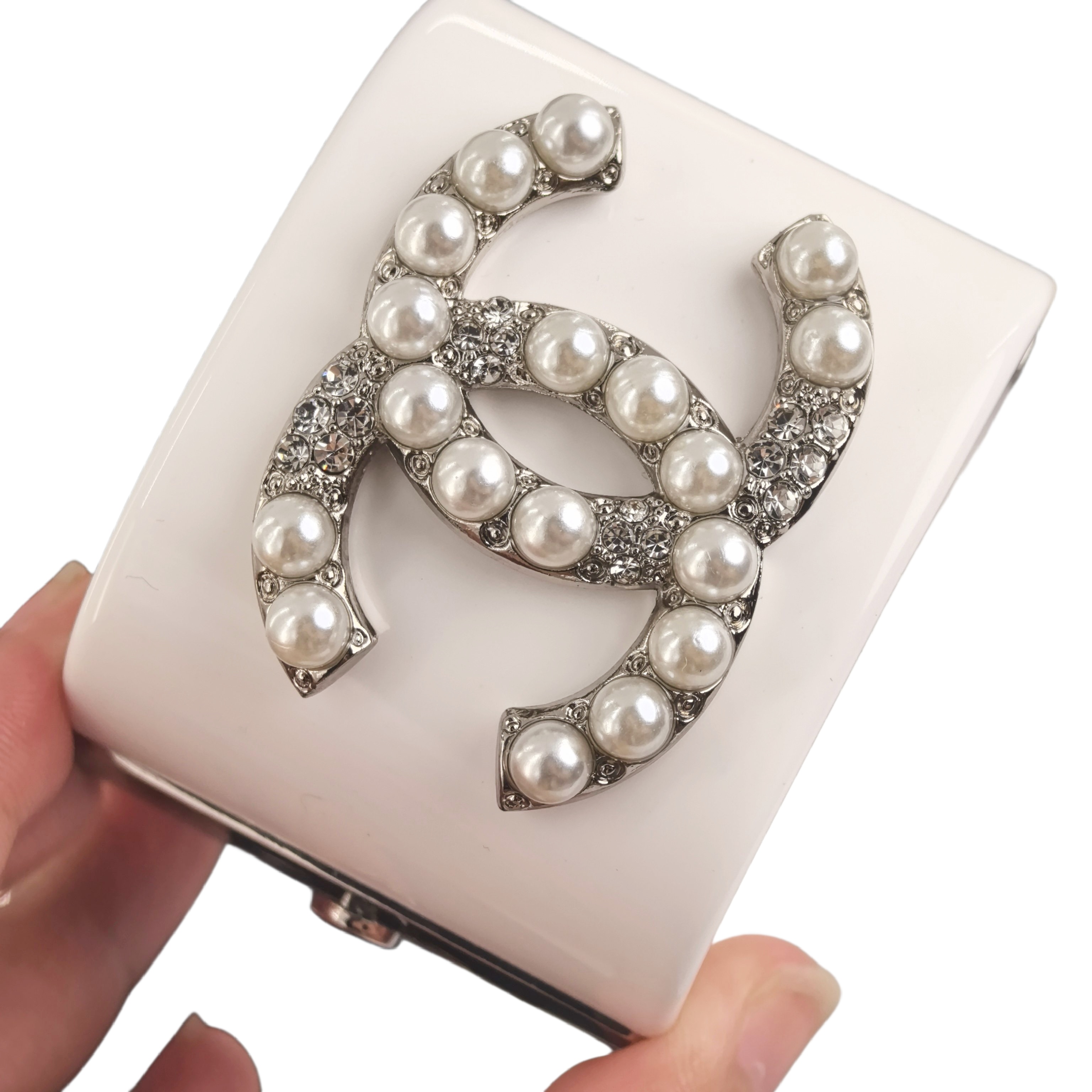 CCS101 CC wide acrylic with crystal and pearl cc logo cuff bracelet - ccjewelryacc