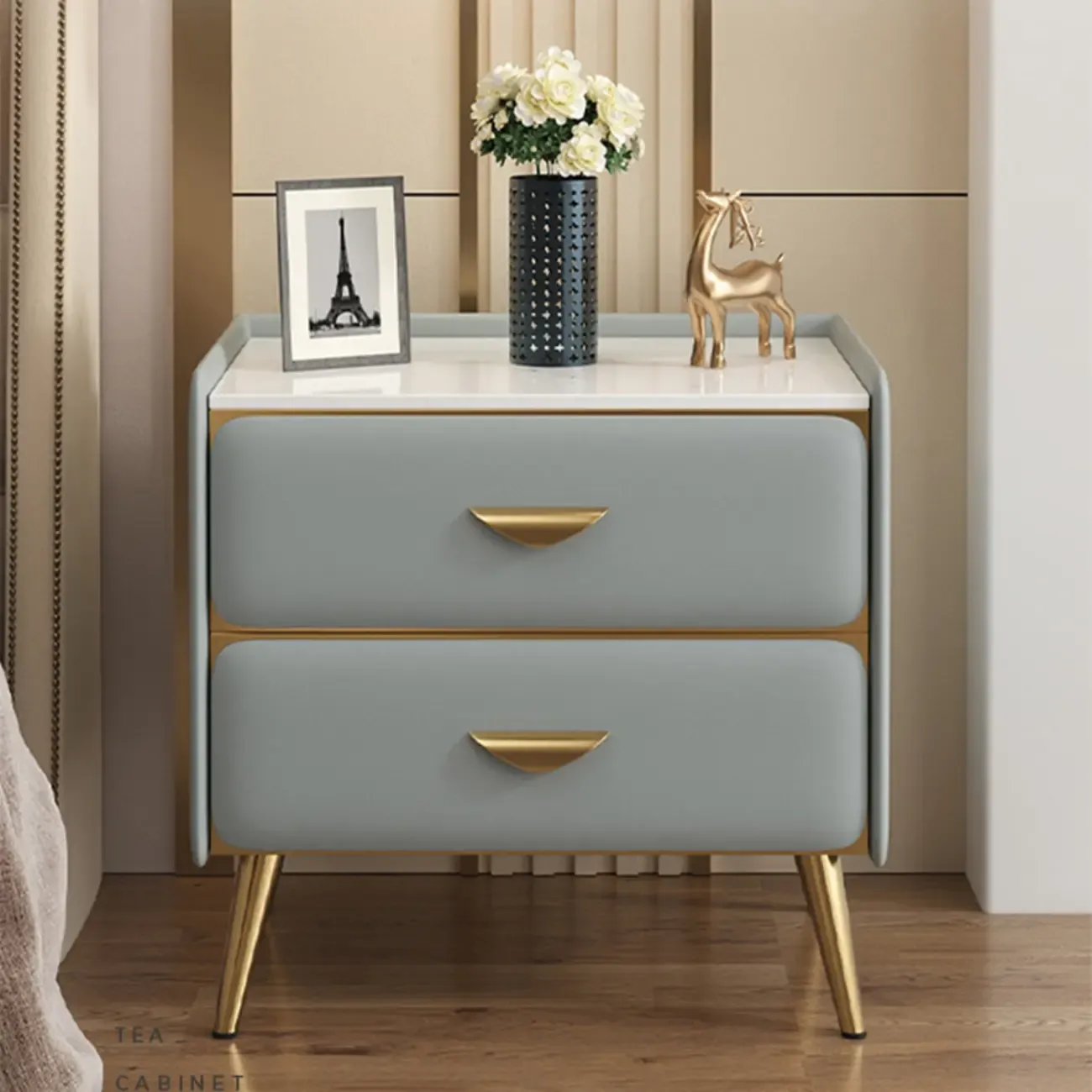 Elegant Stone Top Gold Accents Nightstand with 2 Drawers
