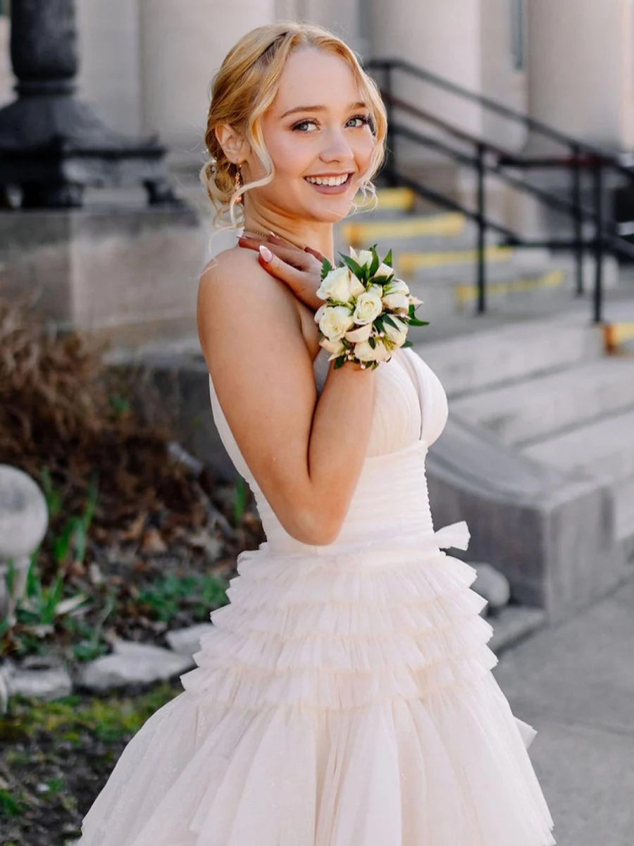 Tulle Deep V Neck Spaghetti Straps Long Prom Dress