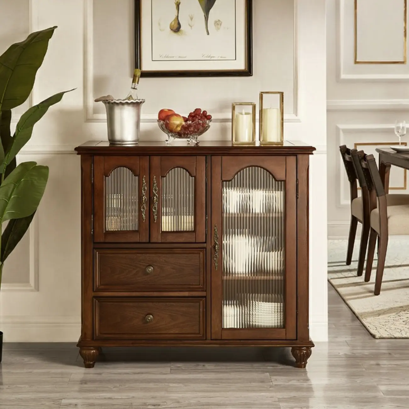 Traditional Wooden Sideboard with Glass Doors and Cabinets