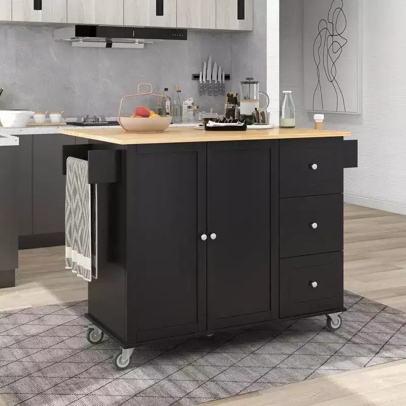 Okak Kitchen Cart with Wooden Top and Lockable Wheels, Kitchen Island with Drop Leaf, Spice Rack & Towel Rack, Countertop Organizer for Kitchen