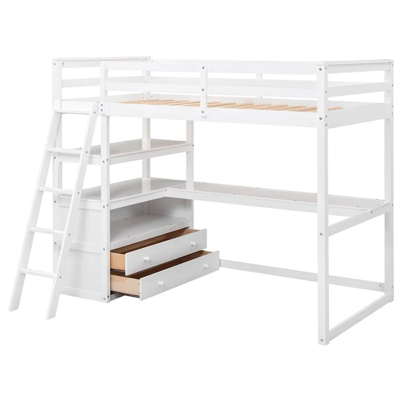 White Modern Pine Wood Loft Bed with Desk, Shelves, and Two Built-in Drawers