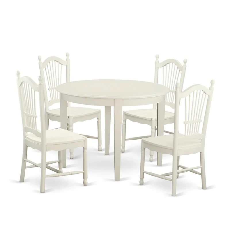 East West Furniture 5 Piece Dinette Set for 4 Includes a Round Dining Room Table and 4 Kitchen Dining Chairs, Linen White