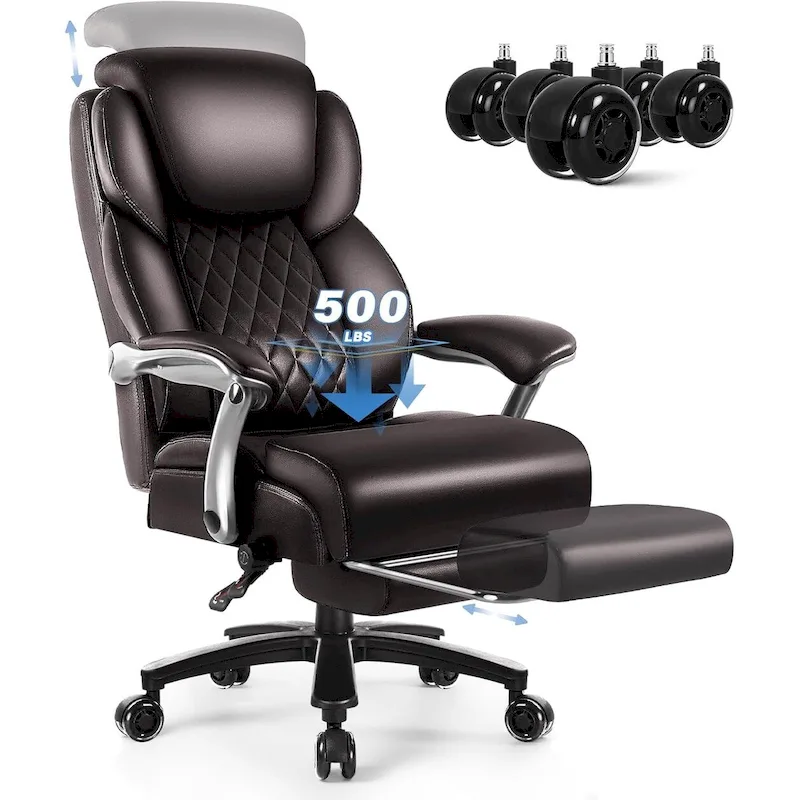 BOSSIN Lift-Headrest Big and Tall Office Chair 500lb - Heavy-Duty Leather with Retractable Footrest & Lumbar Support
