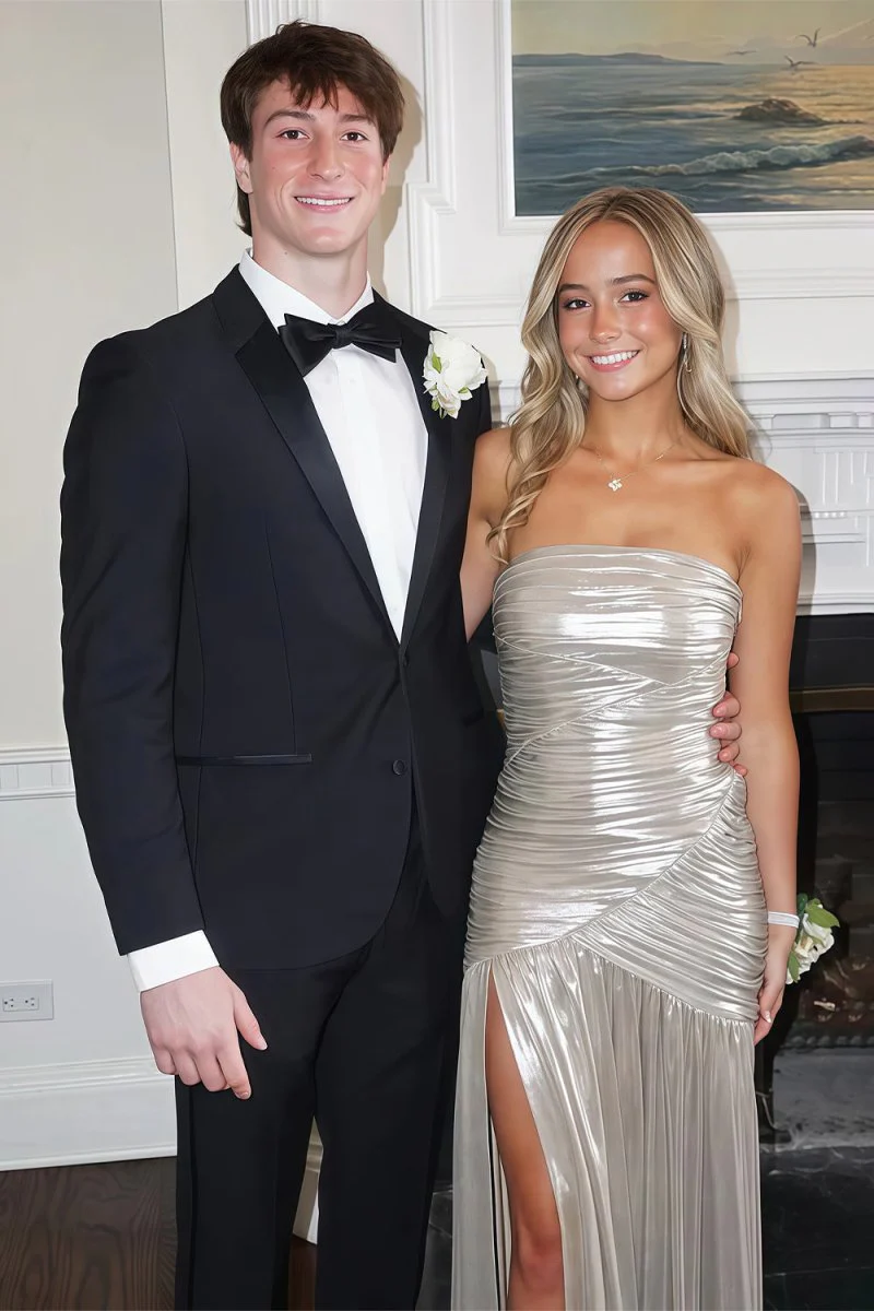 Champagne Mermaid Strapless Metallic Long Prom Dresses with Pleats