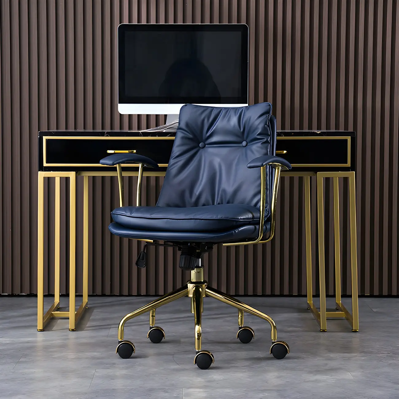 Gold Base Tufted Leather Adjustable Office Chair