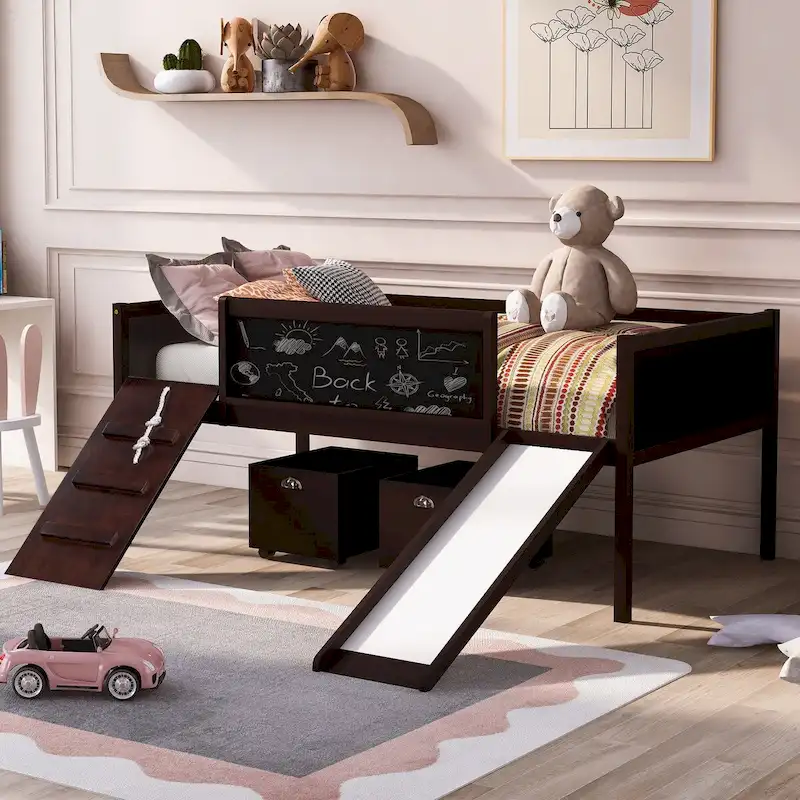 Twin size Loft Bed Wood Bed with Three Blackboards, Two Storage Boxes and A Slide, Three Colors Available