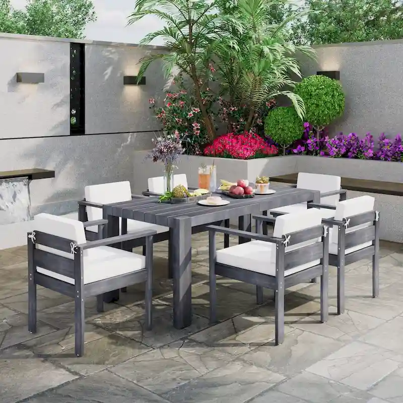 7-Piece Outdoor Furniture Set, Patio Table and Chairs Set with Removable Cushions, Rectangle Table and 6 Chairs