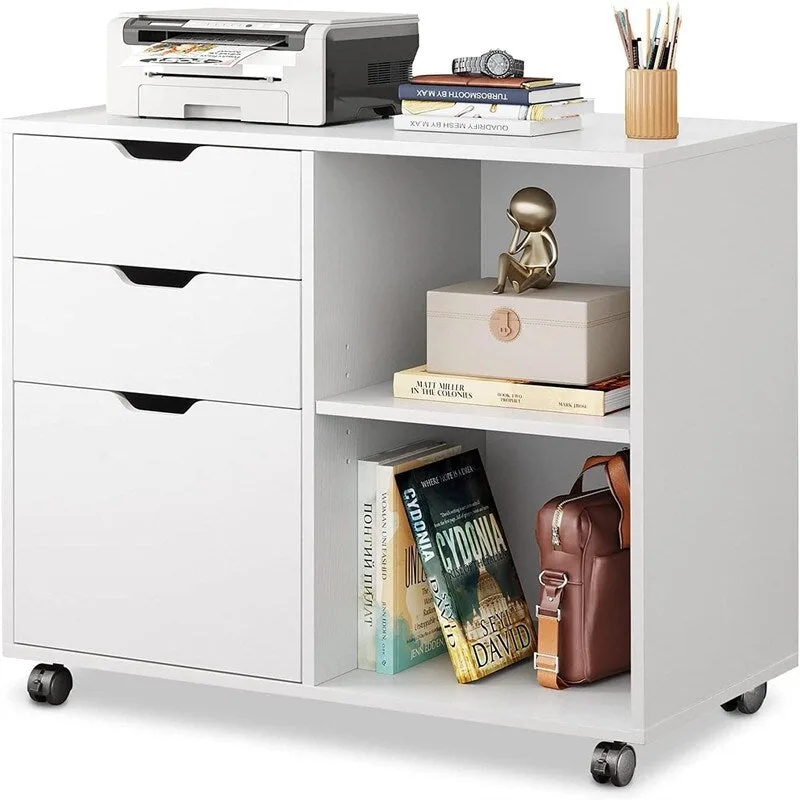 Rustic Brown / Black / Greige / White Mobile 3-Drawer Filing Cabinet with Open Shelves