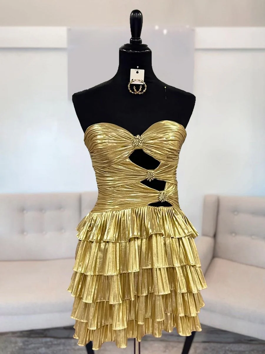 Gold - Strapless A Line Metallic Tiered Homecoming Dress With Beading