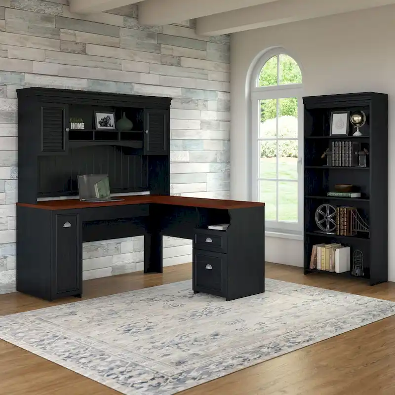 Fairview 60W L Shaped Desk with Hutch and Bookcase by