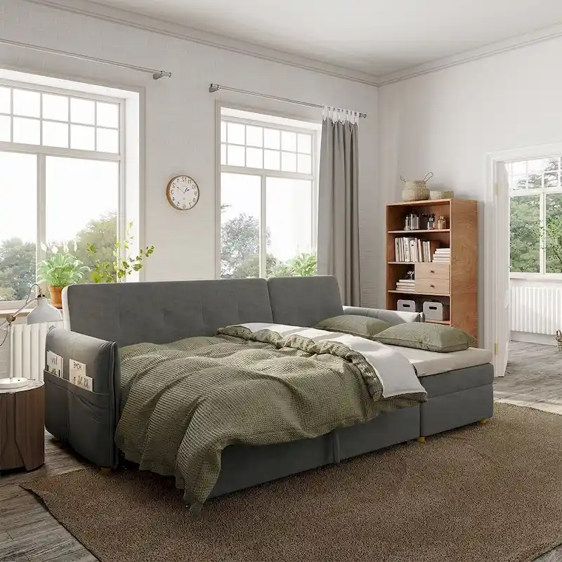 L-Shape Sofa Bed with Scratch-Resistant Fabric and Solid Wood Frame