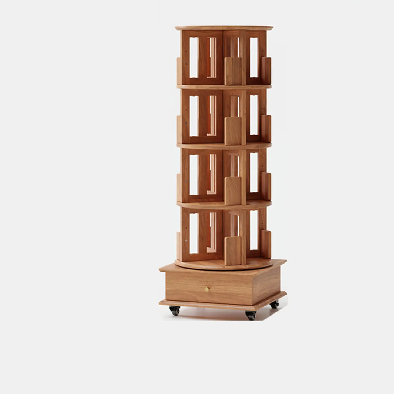 Narrow Cherry Wood Vertical 6 Shelf Rotating Bookshelf