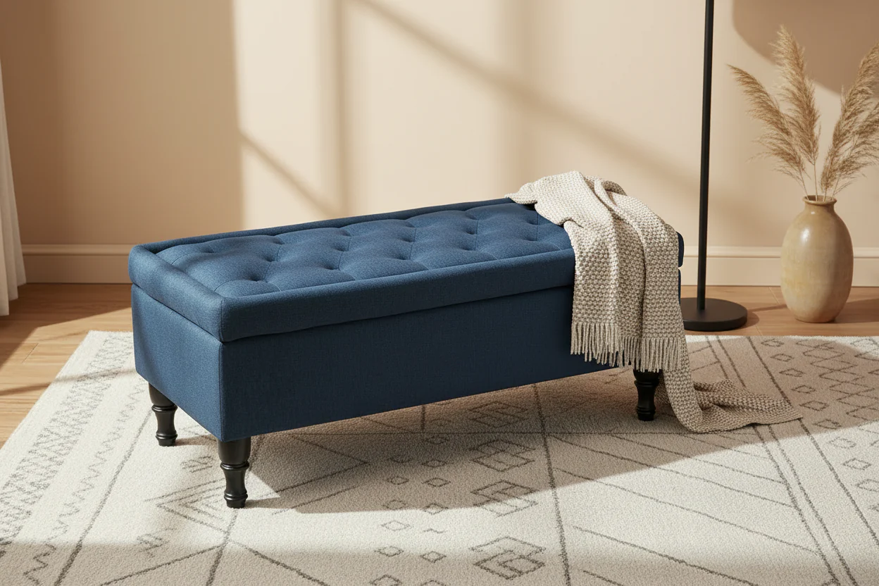 Storage Ottoman Bench, 41 Inch Button Tufted Navy Blue Fabric