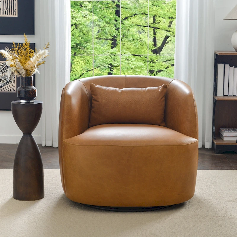 KINWELL Modern Top Grain Genuine Leather Swivel Armchair with Pillow