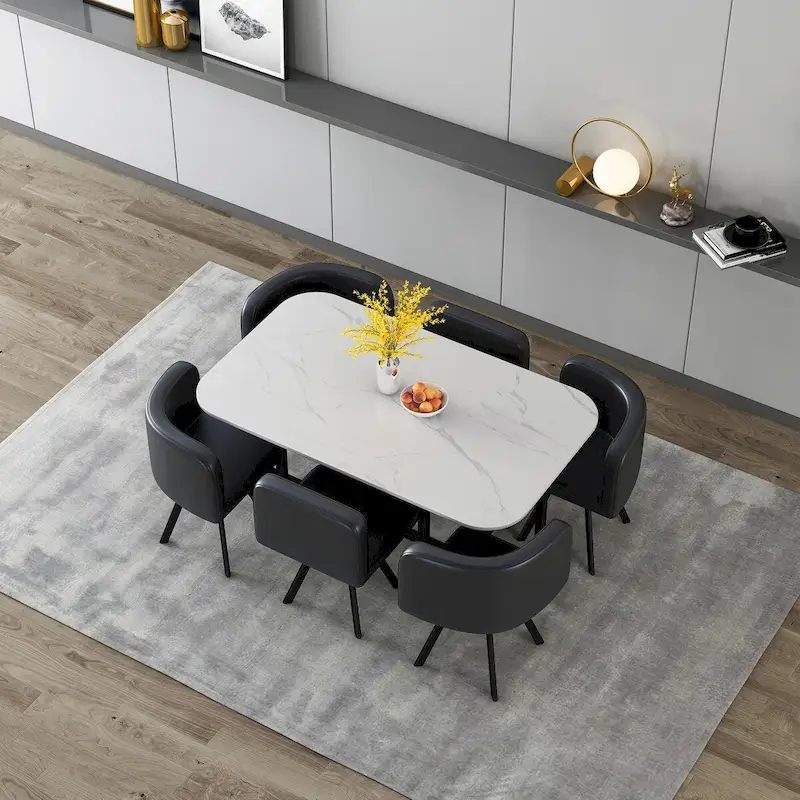 Modern 7 Pieces Dining Table Set, Rectangle Dining Table with 6 Chairs for Dining Room, Kitchen