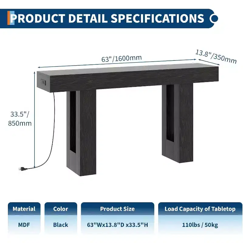 63 Long Console Table with Built-in Power Outlet, USB & Type-C Ports. Narrow Entryway Sofa Table for Hallway, Foyer & Living Room, Black