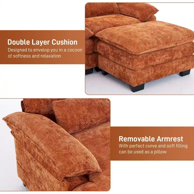 Soft Chenille Fabric U-Shaped Sectional Sofa with Double Layer Cushion