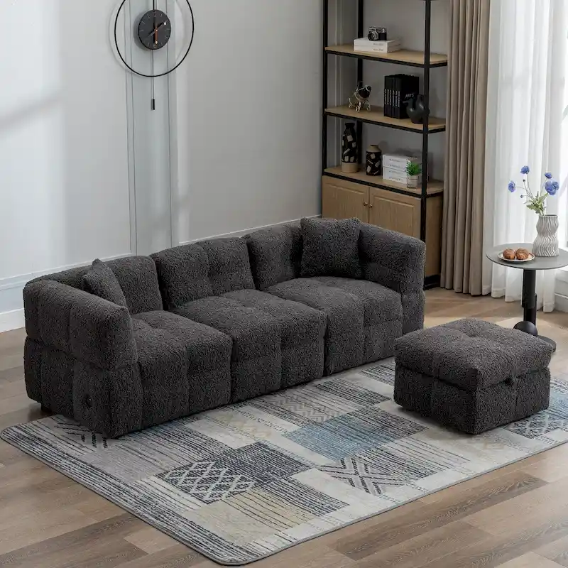 87.7 Sectional Sofa Cozy Teddy Fleece Fabric Sectional Sofa Couch