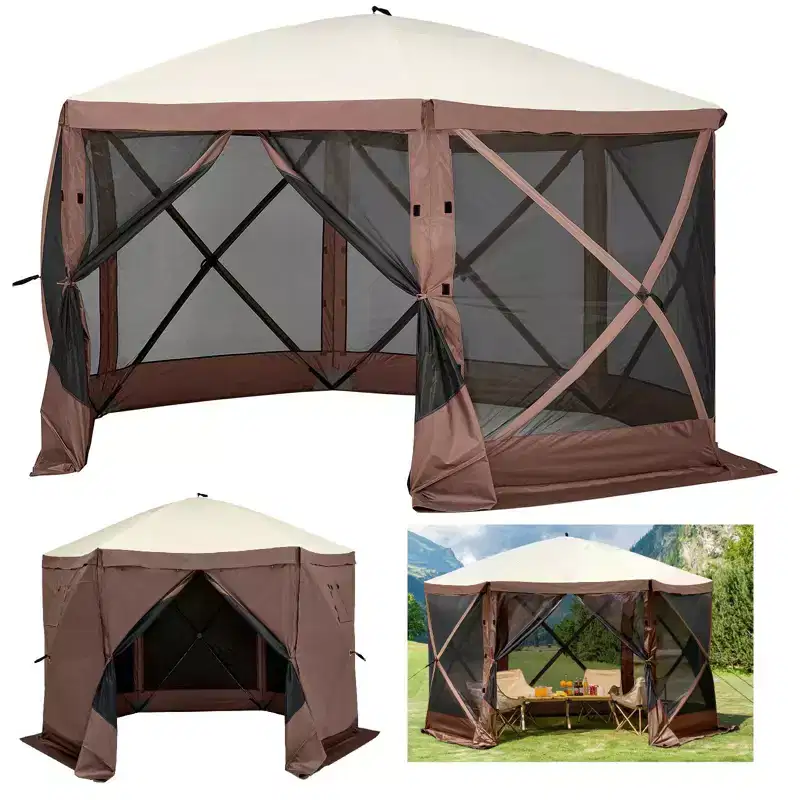 Gazebo Screen Tent, 12 X 12 Ft, 6 Sided Pop-up Camping Canopy Shelter Tent with Mesh Windows, Portable Carry Bag