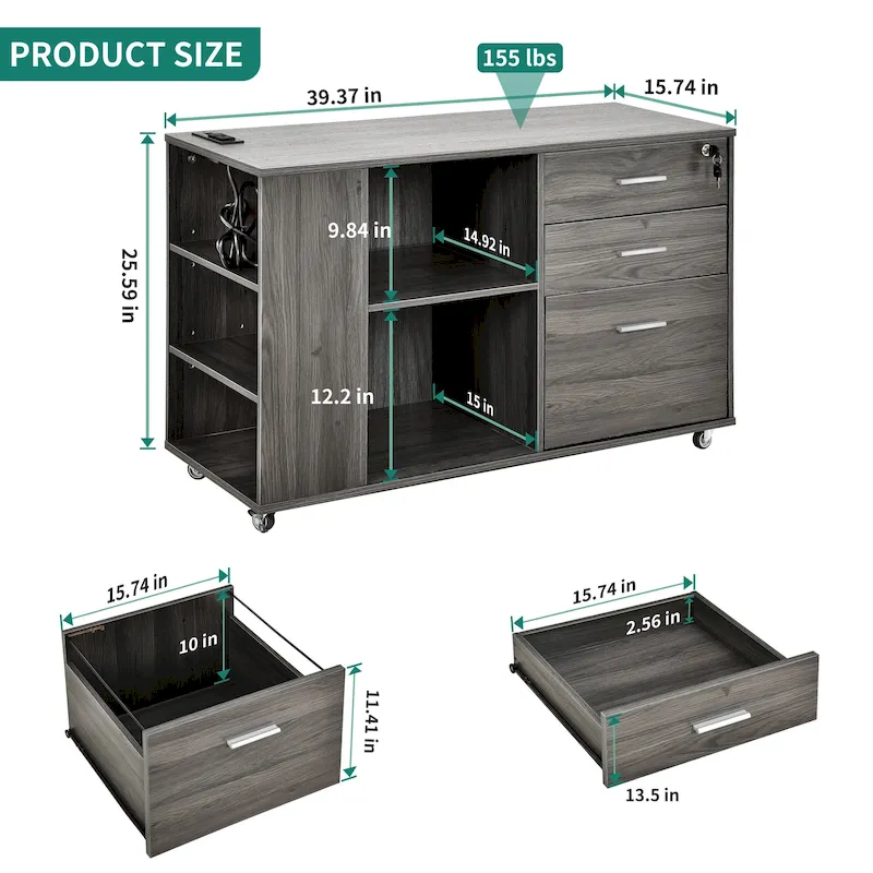 Brown Mobile Wood Lateral File Cabinet with Charging Station & Lock