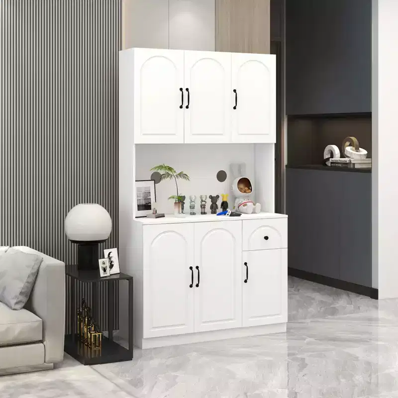 MAYEERTY White 71 Kitchen Pantry Cabinet, Microwave Countertop 6 Doors 1 Drawer Adjustable Shelves