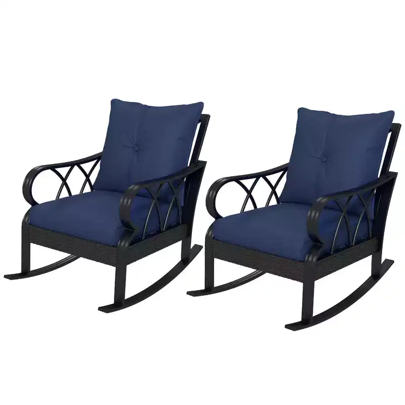 2 Piece Outdoor Wicker Rocking Chairs Rattan Porch Rockers with Cushions, Aluminum Frame for Garden, Patio