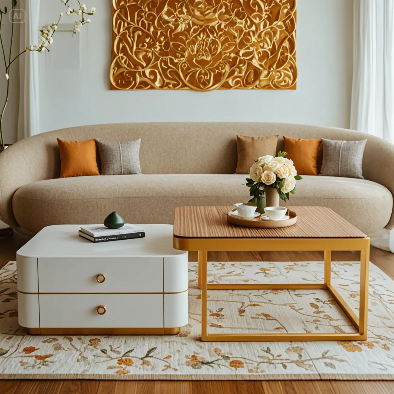 Modern Rectangular Marble Coffee Table Set with Drawers