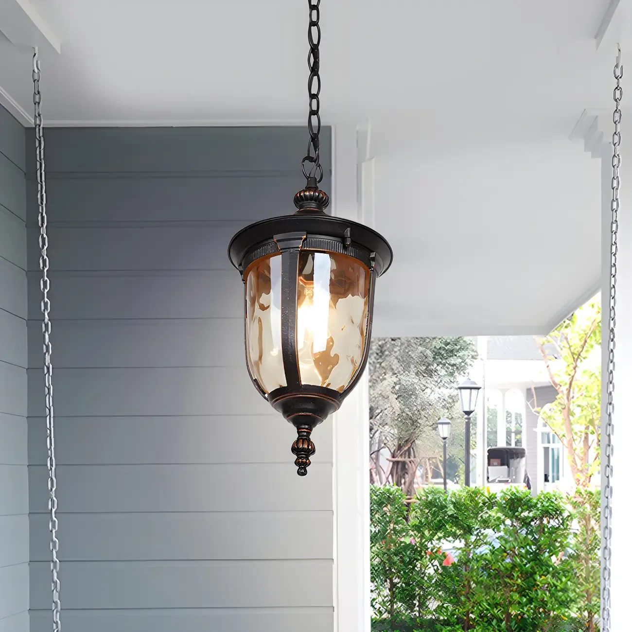 Classic Rustic Black Iron Frame Outdoor Hanging Light Fixture