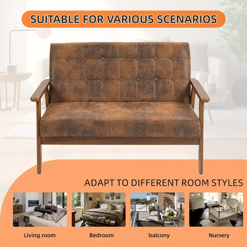 HOMEFUN Mid-Century Linen/PU Upholstered Wood Frame Tufted Loveseat Sofa