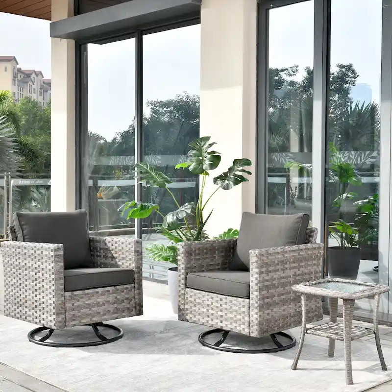 OVIOS Patio Wicker Swivel Rocking Chair 3-piece Set with Side Table