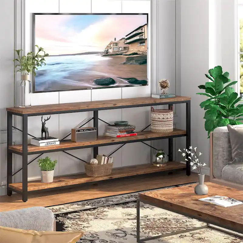 Brown/White/Grey 3-Tier Console Table, X-Frame Metal Legs, 1-Person Assembly