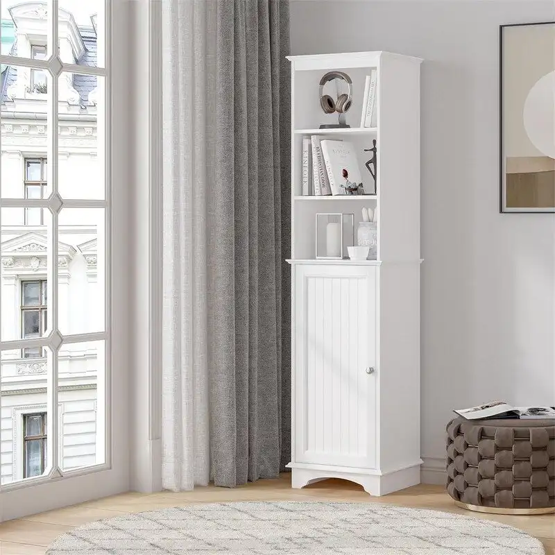 White / Espresso Freestanding Linen Tower Cabinet — 3-Tier Open Shelves, Single