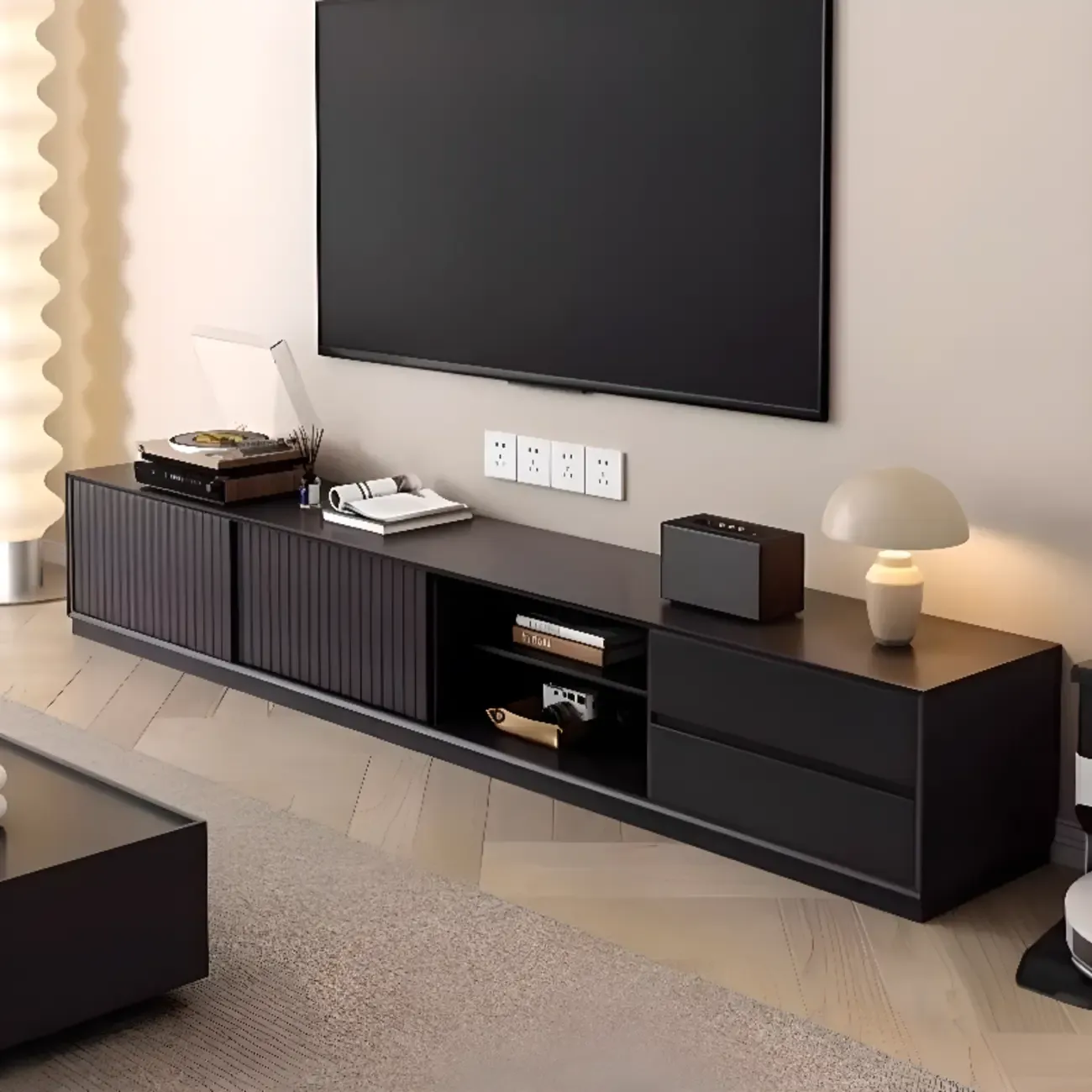Minimalist 2-drawer Black Wood TV Stand Sliding Doors