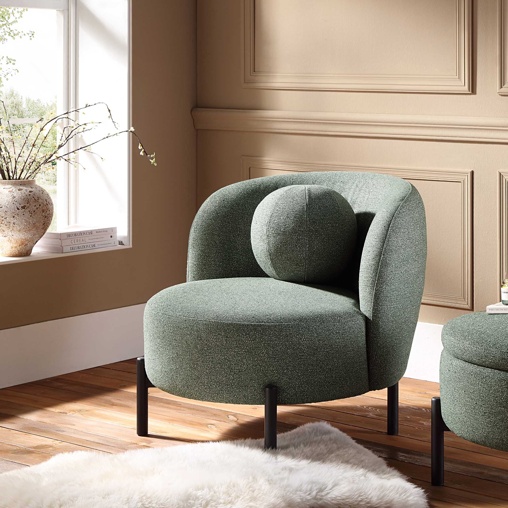 Armchair with Ball Cushion, Spruce Green Textured Fabric