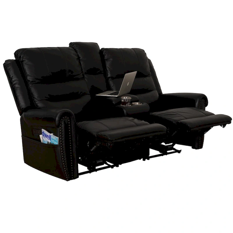 Genuine Leather Black Power Recliner Sofa, Loveseat, Recliner With Adjustable Headrest and Extendable Footrest