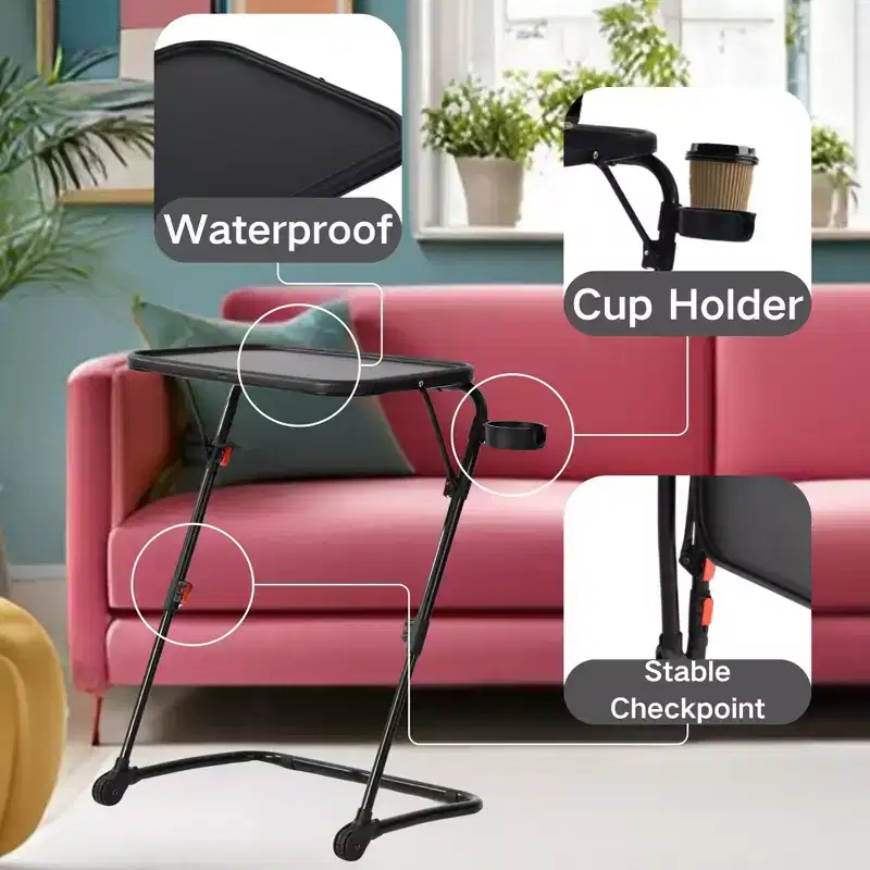 FurnitureR Adjustable Folding TV Tray with 4 Height & 3 Tilt Angle, Dinner Trays Laptop Snack Table with Cup Holder for Bed & Sofa, Set of 3, Black
