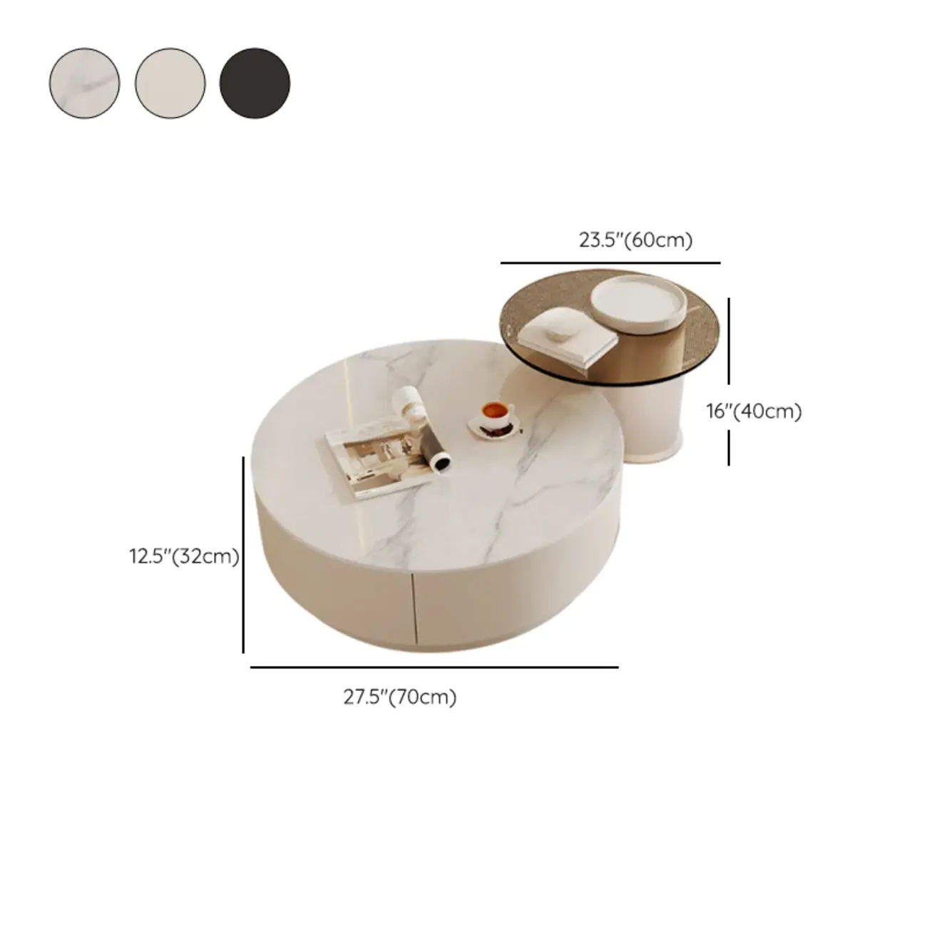 Modern Wood Round Nesting Coffee Table with 2 Drawers