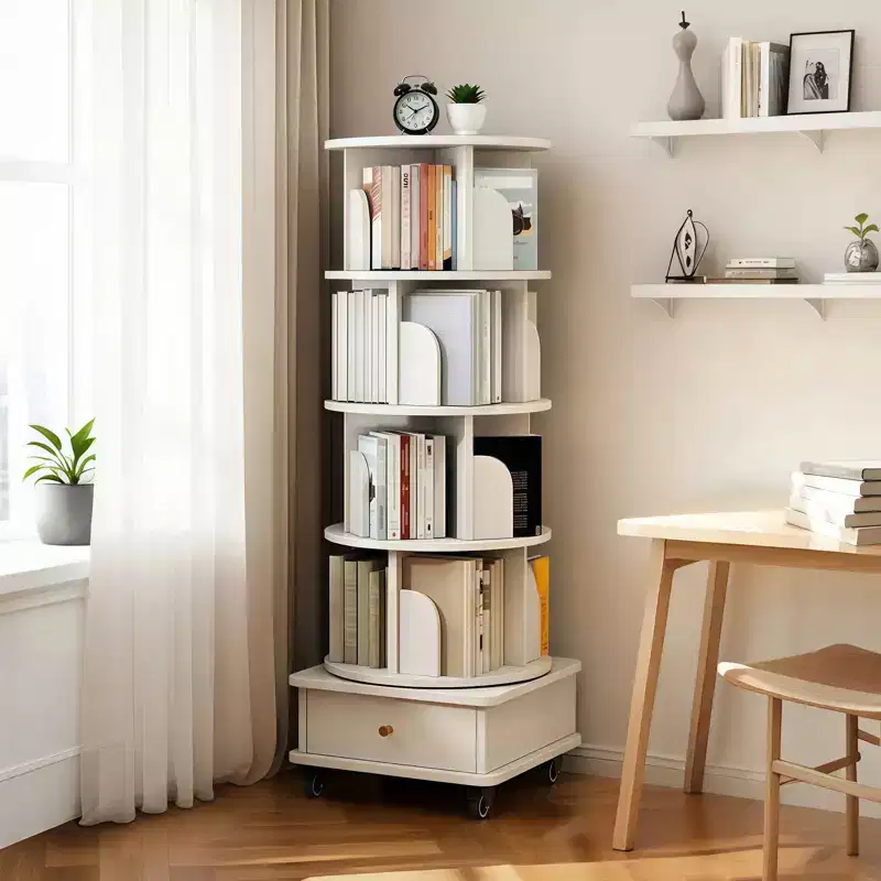 5 Tier 360 Rotating Bookshelf with Wheels & Drawer, Warm White Round Spinning Storage Tower, Space-Saving Design for Small Spaces