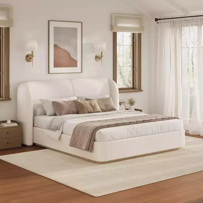 Whisen King Modern Platform Bed Frame with Double Pillow Headboard, Upholstered , Soft Boucle Fabric, Winged Side Design, Solid Wood Slats