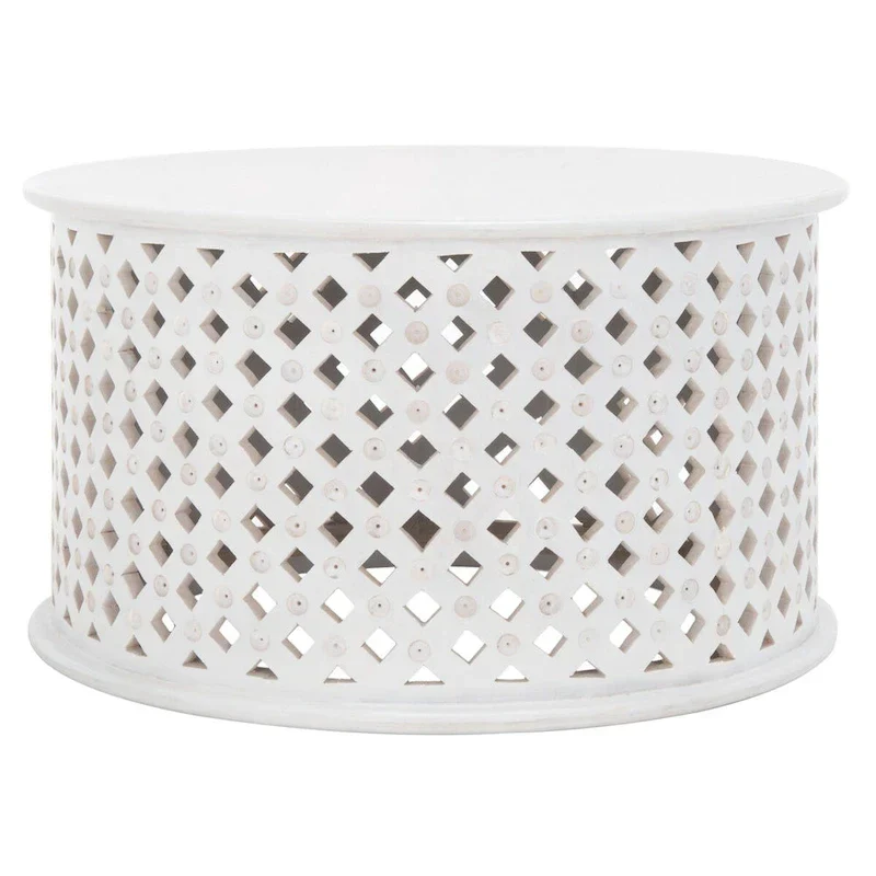 Round Mango Wood Coffee Table with Lattice Base