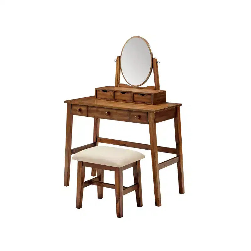 Lorna Traditional Wood Vanity with Stool, 6 Drawers, Adjustable Mirror - Linon: Dressing Table, Makeup Storage