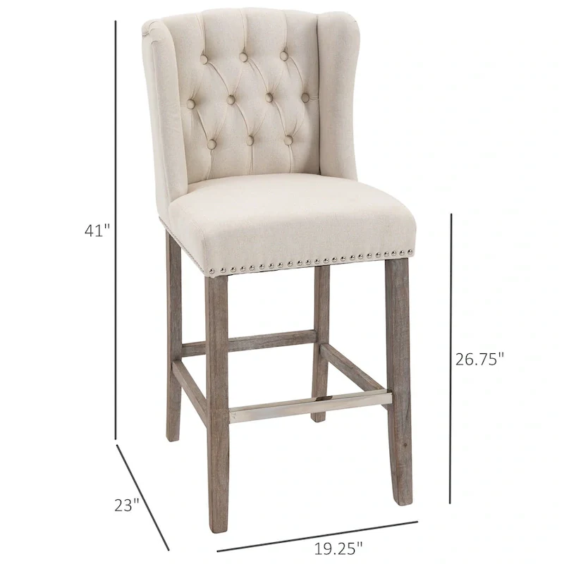 HOMCOM 2 Piece Counter Height Barstools Kitchen Breakfast Stools with Nailhead-Trim and Tufted Back, Solid Wood Legs