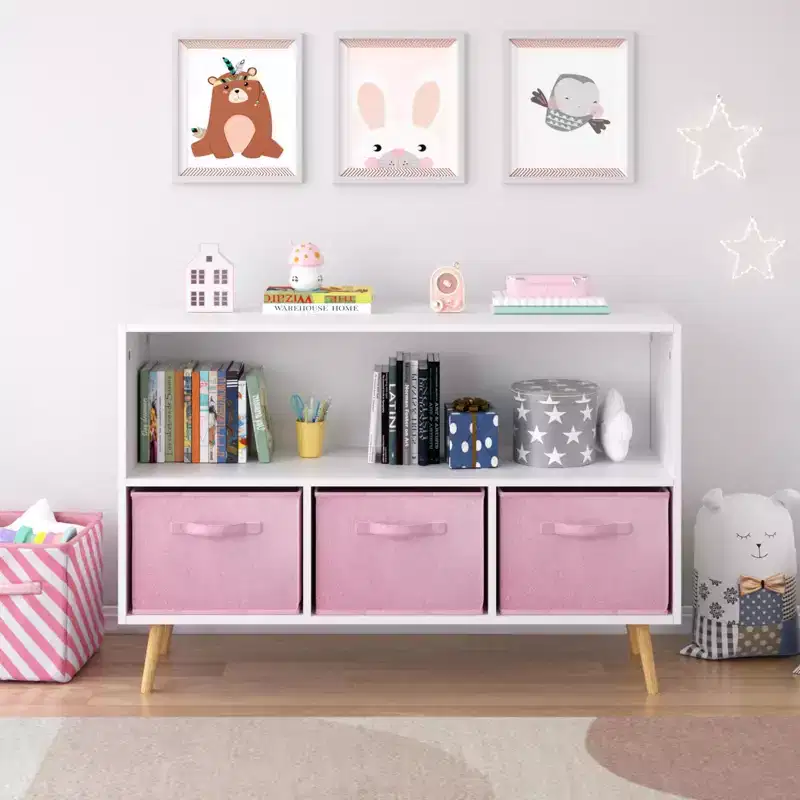 White & Blue 2-Shelf Kids Bookshelf with Fabric Drawers, 1-Person Assembly