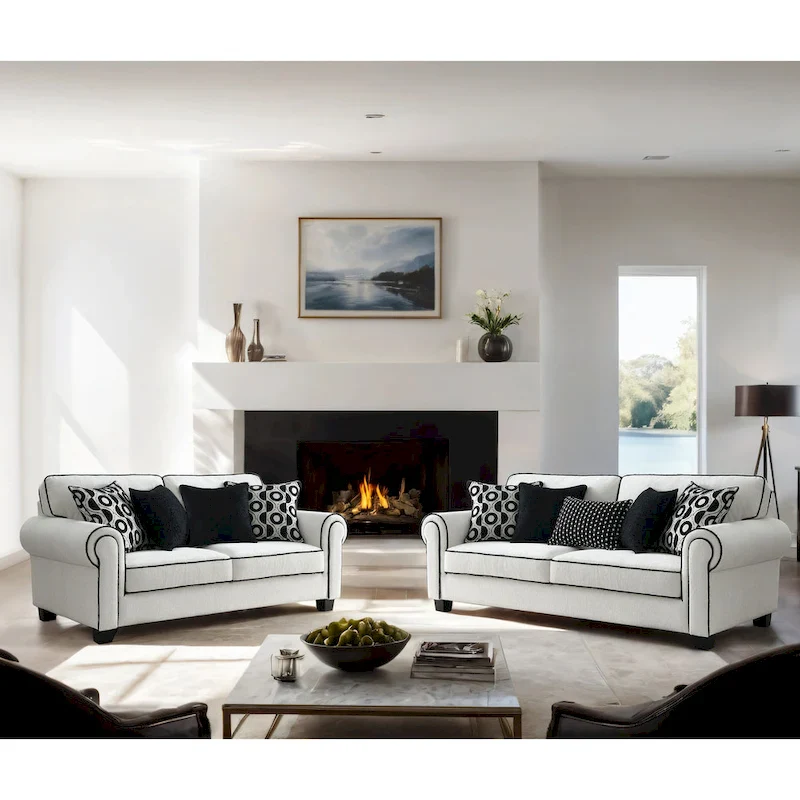White Chenille Loveseat with Accent Pillows